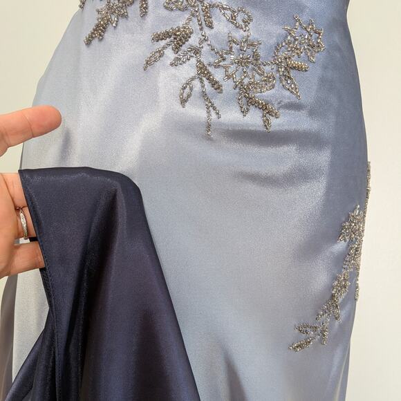 Vintage Prom Dress Maxi Gown 2 Blue Ombre Fairy Grunge 90s Y2K Satin Bead Floral - Picture 6 of 12